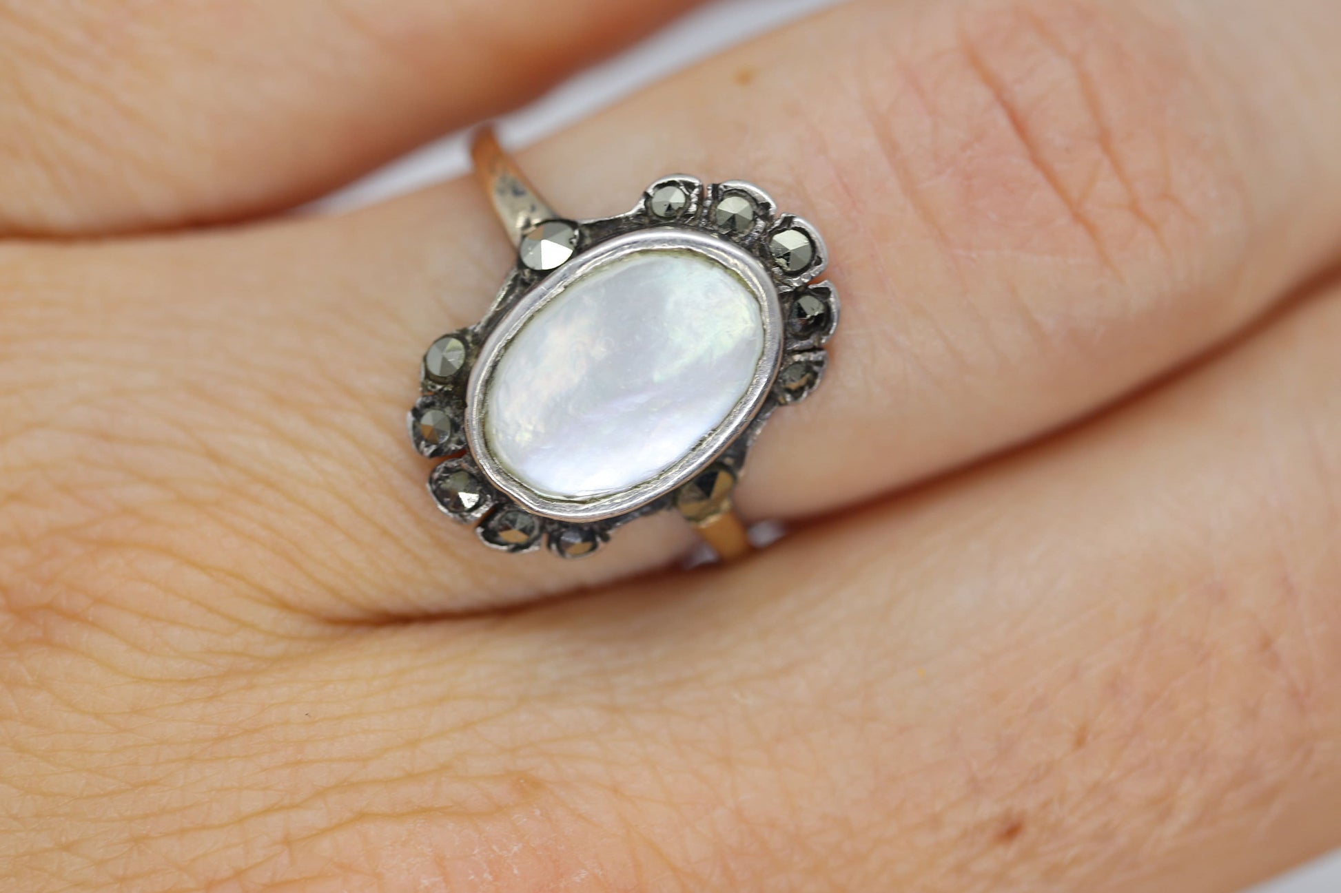 Victorian MOP Set ring. Antique 8k Gold and Sterling Silver with Mother of Pearl and Marcasite Halo ring. st(93)