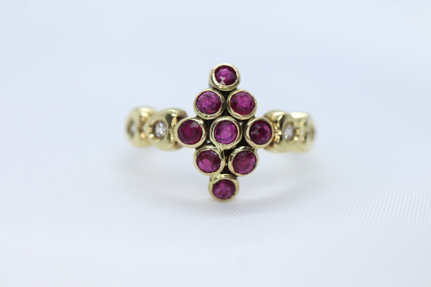 14k Ruby and Diamond Cluster ring. 14k 585 Yellow Gold diamond and ruby Cluster marquise shape heart ring. st(172/50)