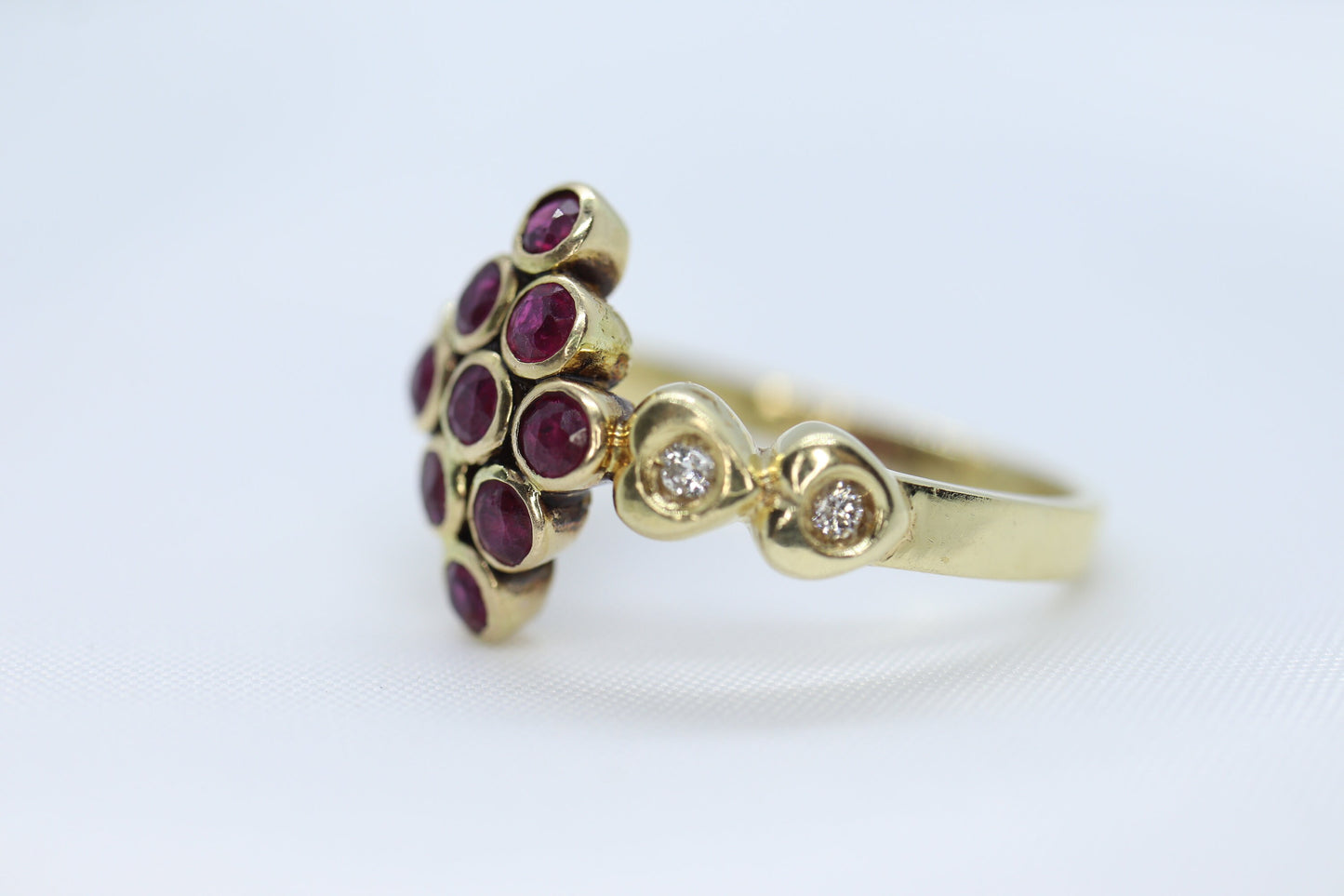 14k Ruby and Diamond Cluster ring. 14k 585 Yellow Gold diamond and ruby Cluster marquise shape heart ring. st(172/50)