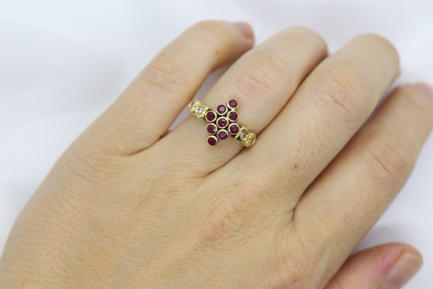 14k Ruby and Diamond Cluster ring. 14k 585 Yellow Gold diamond and ruby Cluster marquise shape heart ring. st(172/50)