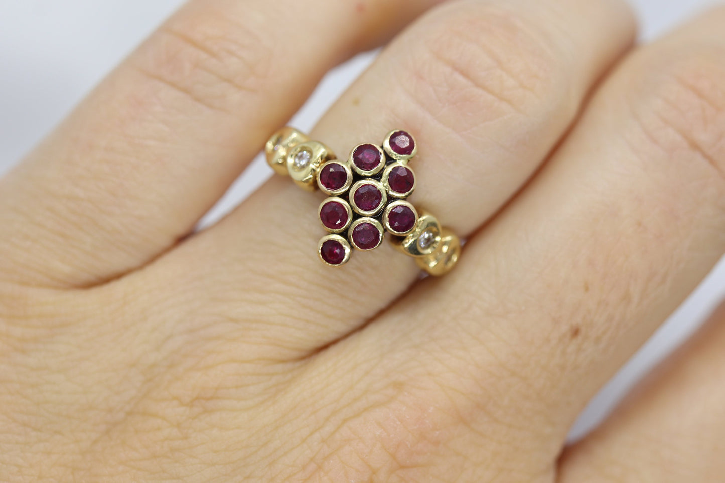 14k Ruby and Diamond Cluster ring. 14k 585 Yellow Gold diamond and ruby Cluster marquise shape heart ring. st(172/50)