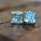 14k Blue TOPAZ Princess cut stud earrings. Blue Topaz Studs. st(24/92)