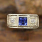 Antique trilogy ring. 14k three diamond and sapphire shield ring. 14k Art Deco trio triple diamond princess sapphire signet ring. st(161)