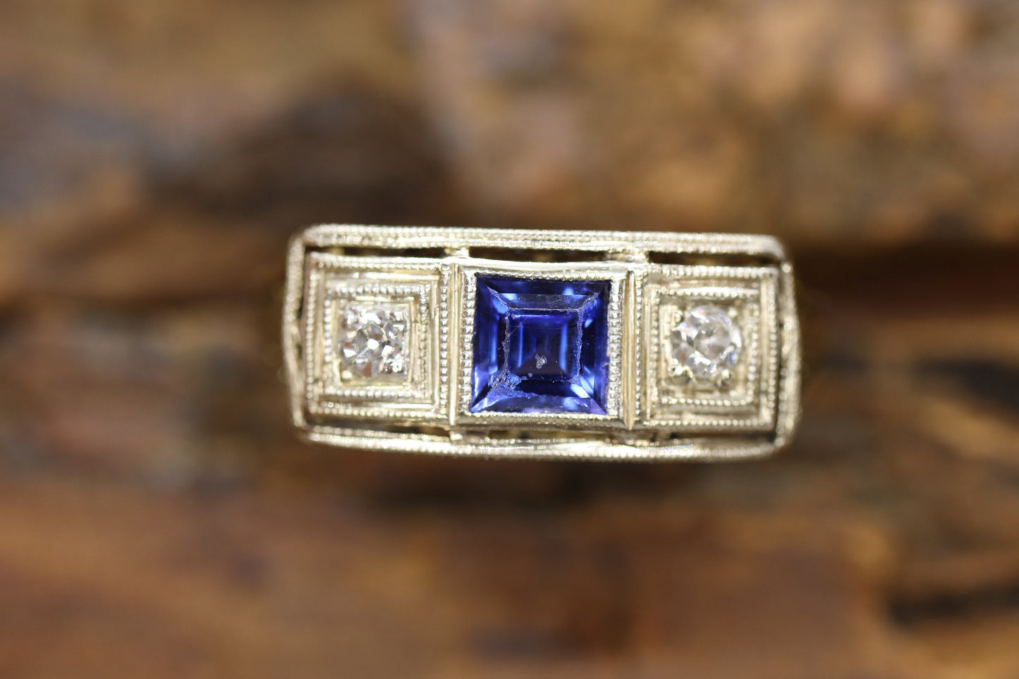 Antique trilogy ring. 14k three diamond and sapphire shield ring. 14k Art Deco trio triple diamond princess sapphire signet ring. st(161)