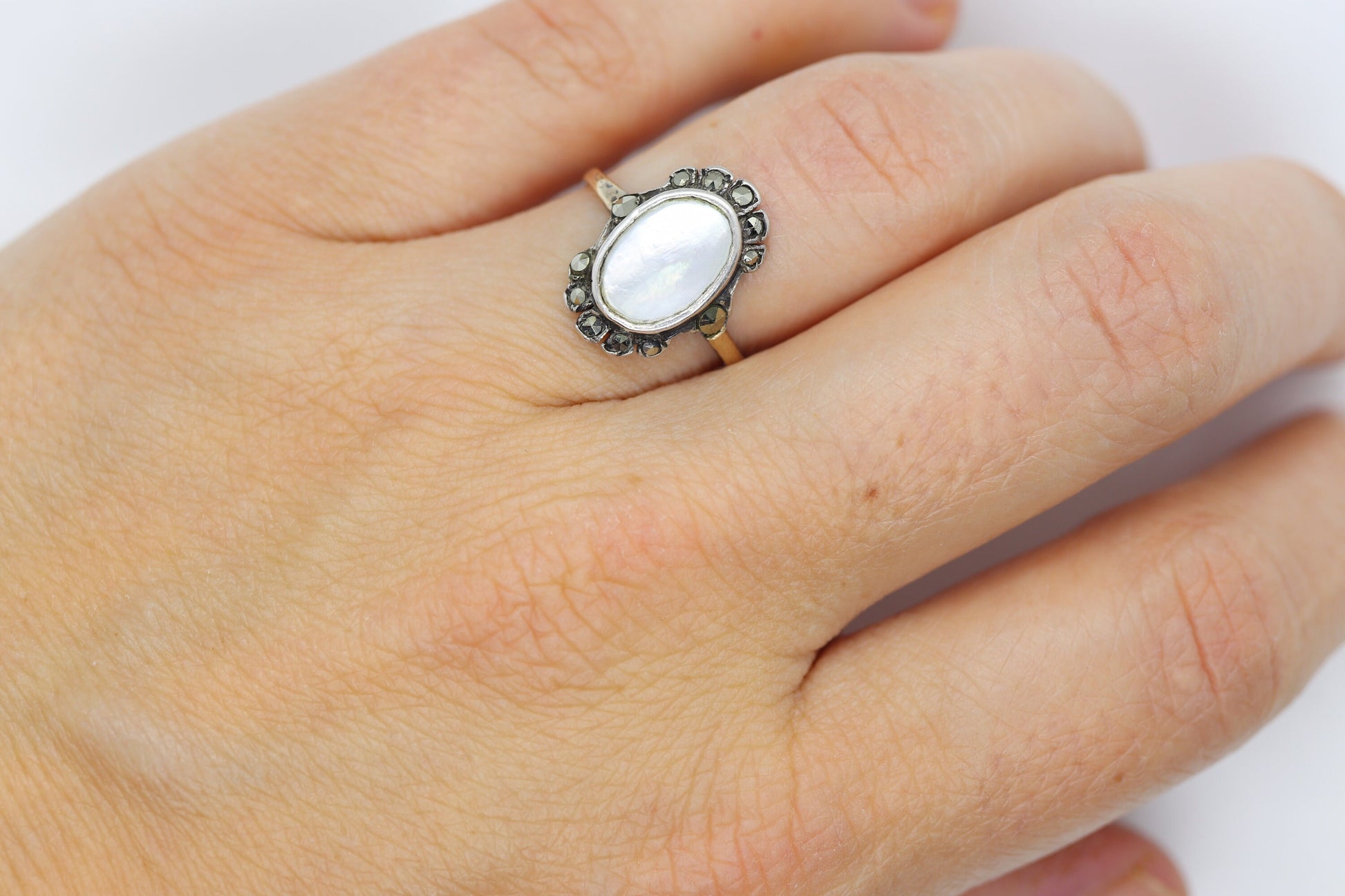 Victorian MOP Set ring. Antique 8k Gold and Sterling Silver with Mother of Pearl and Marcasite Halo ring. st(93)