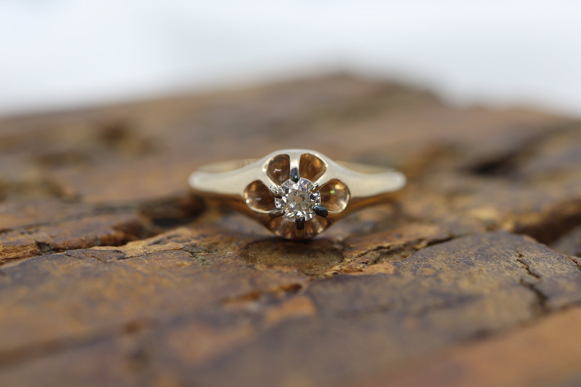 Antique Belcher Set Diamond 14k Filigree ring. 1/4ct Victorian Prong Diamond Ring Women Buttercup diamond sz 8 st(126/50)