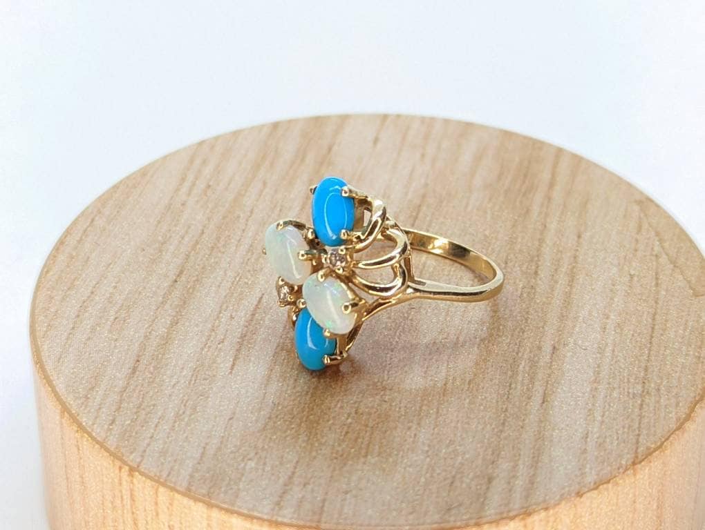 14k Bubble Turquoise Cabochon Opal diamond cluster Ring. 14k Turquoise cluster diamond bouquet Ring. st(50)