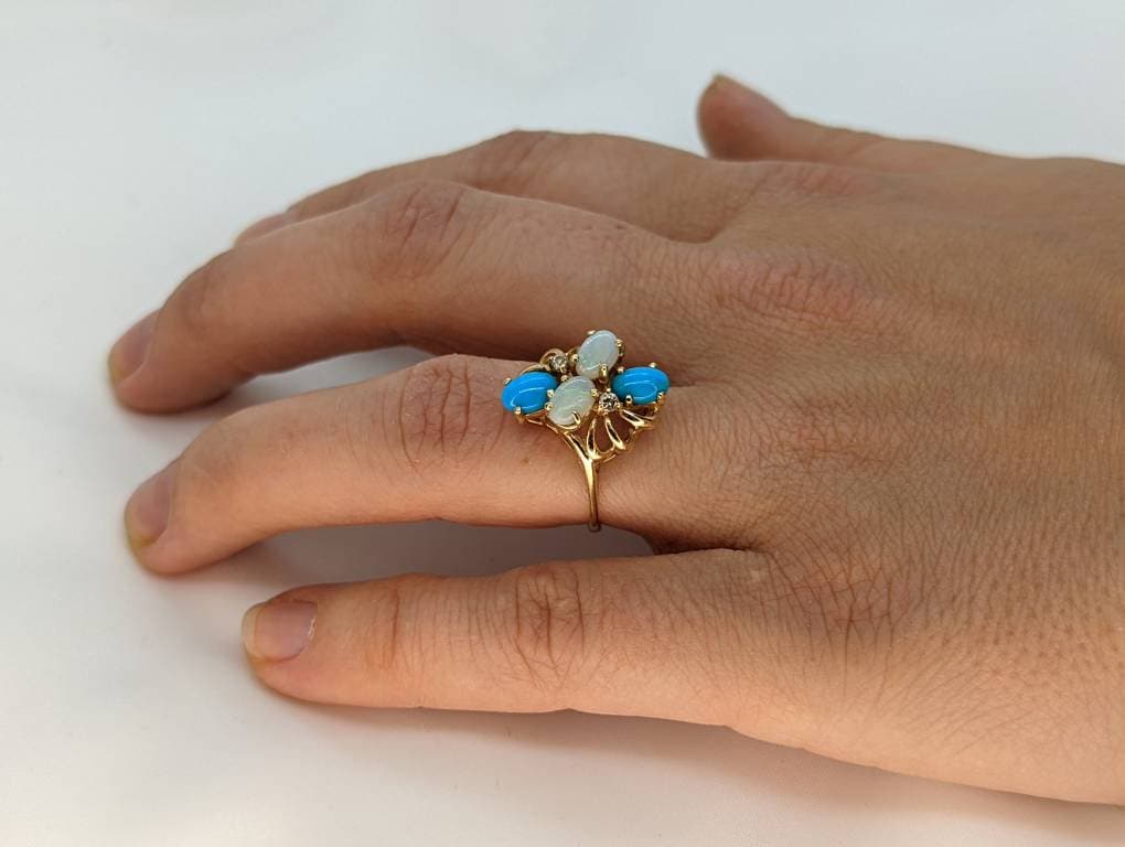 14k Bubble Turquoise Cabochon Opal diamond cluster Ring. 14k Turquoise cluster diamond bouquet Ring. st(50)