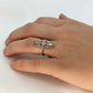 10k Filigree three diamond shield ring. 10k Art Deco trio triple diamond shield ring. st(138)
