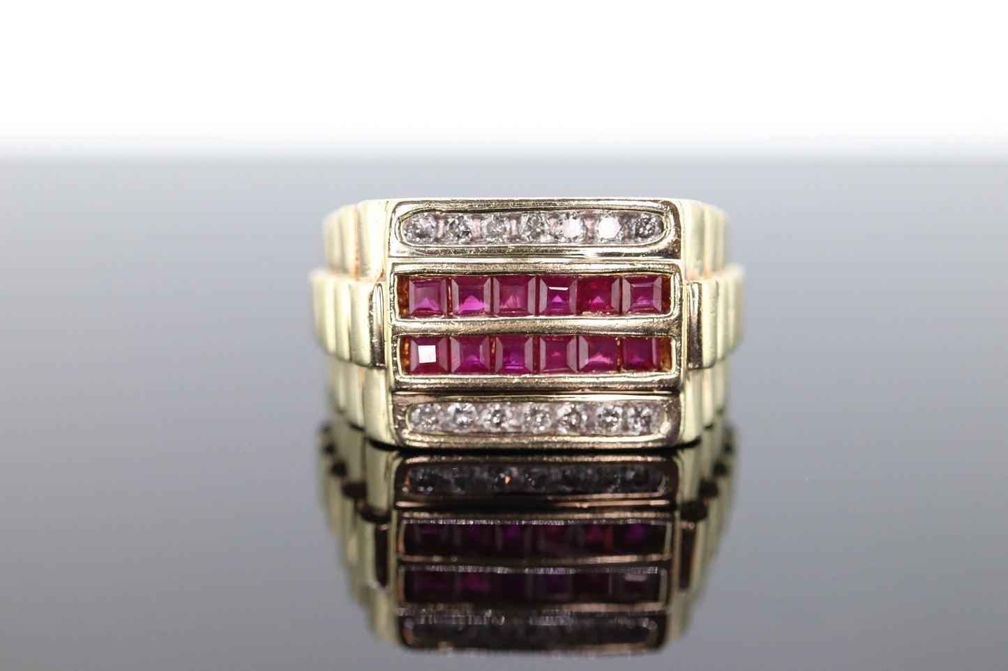 10k Ruby Diamond ring. 10k Yellow Gold RLX Rolex style Mens signet channel ruby ring. st(133)