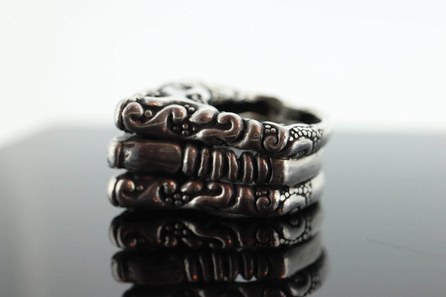 Dian Malouf RING. Triple Three Stacked Rings. Heavy sterling Silver and 14k Signet Rings DLM Collection (st114)