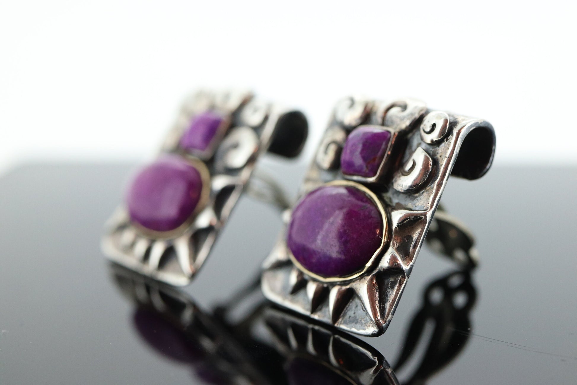 Dian Malouf Clip On EARRINGS. Purple Agate Cabochon Heavy sterling Silver and 14k Gold Modernist Earrings DLM Collection (st122)