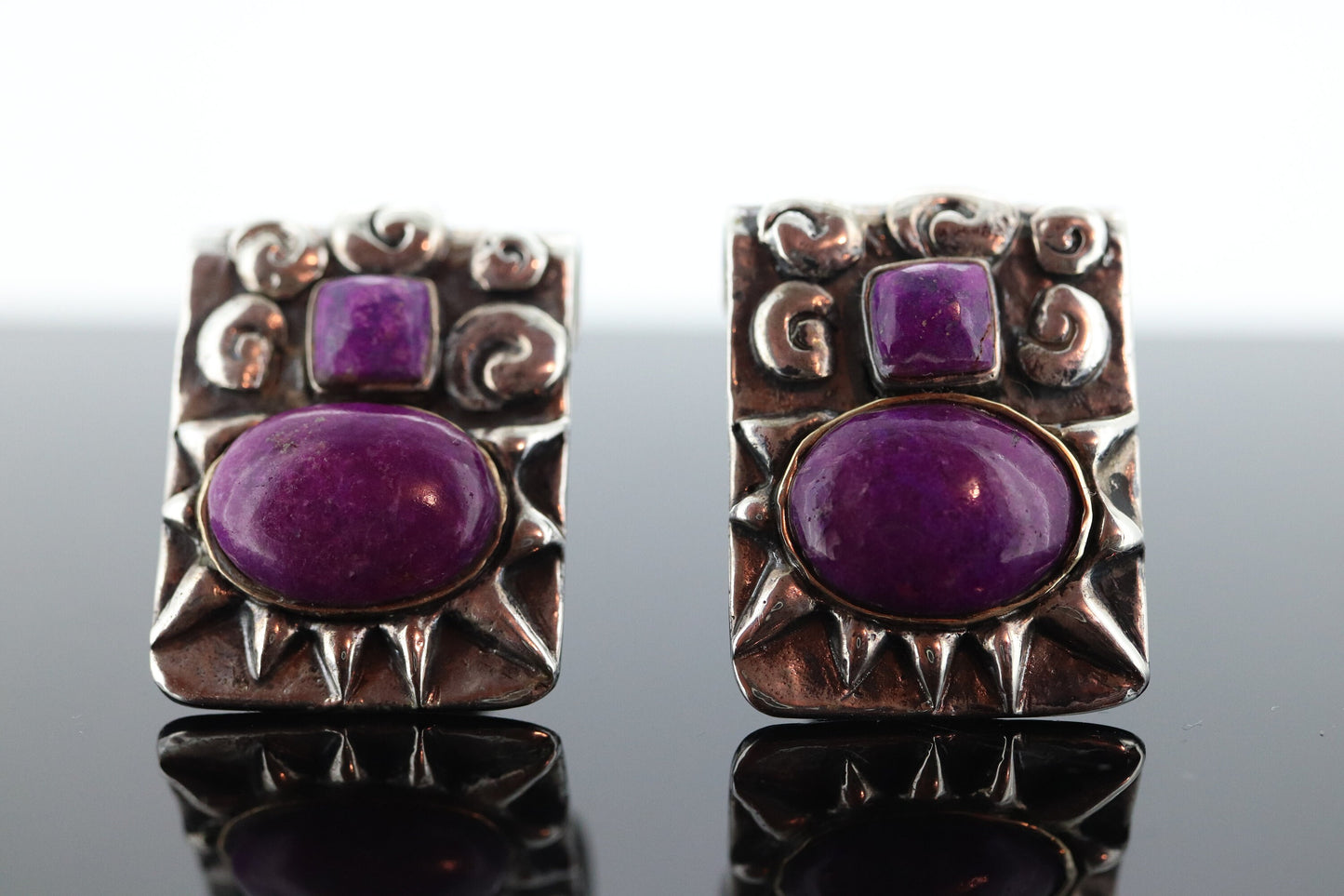 Dian Malouf Clip On EARRINGS. Purple Agate Cabochon Heavy sterling Silver and 14k Gold Modernist Earrings DLM Collection (st122)