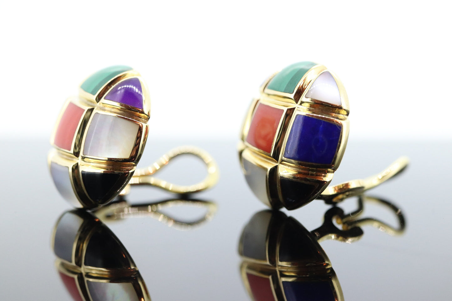 Asch Grossbardt 14K Yellow Gold Inlaid Gemstone Checkerboard Earrings Mother of Pearl Lapis Coral Onyx Malachite NON Pierced Ears  st(620)