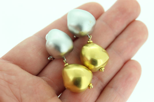 Roberto Coin 18k White and Yellow Gold drop Earrings. Perl Amore Puffed Earrings. Roberto Coin Pearl Amore Collection. (366)