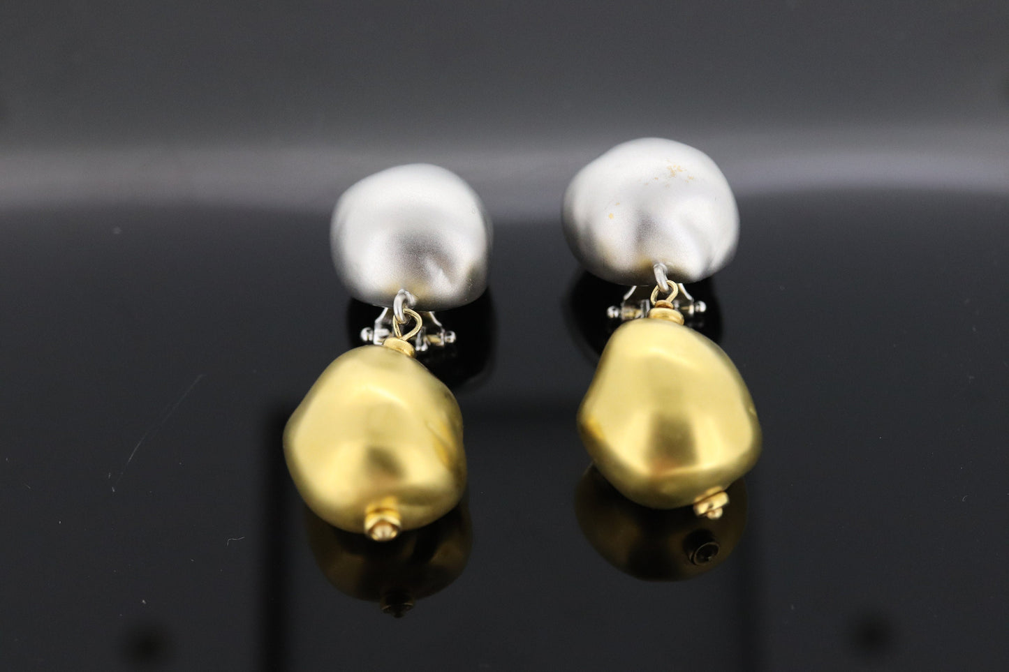 Roberto Coin 18k White and Yellow Gold drop Earrings. Perl Amore Puffed Earrings. Roberto Coin Pearl Amore Collection. (366)