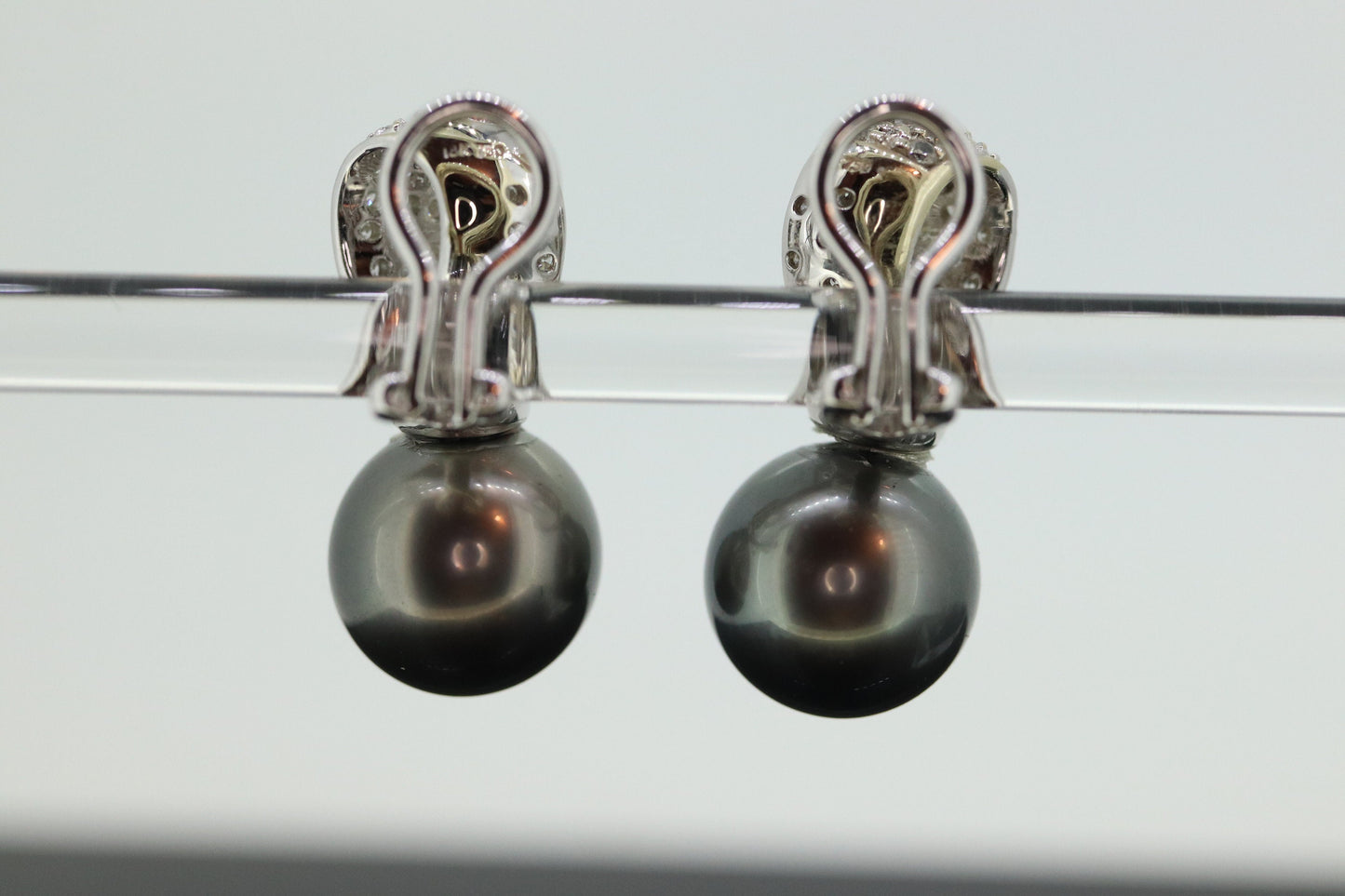 Tahitian Pearl Earrings. 18k Large Black TAHITIAN Pearls With In and Out Pave Diamond Non pierced Clip on earrings. - st(732)