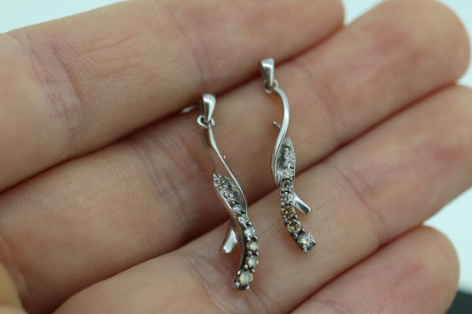 10k Fancy Champagne and White Diamond Graduating Dangle Earrings. Chocolate Diamond Drop Swirl Cluster. St(80/50)