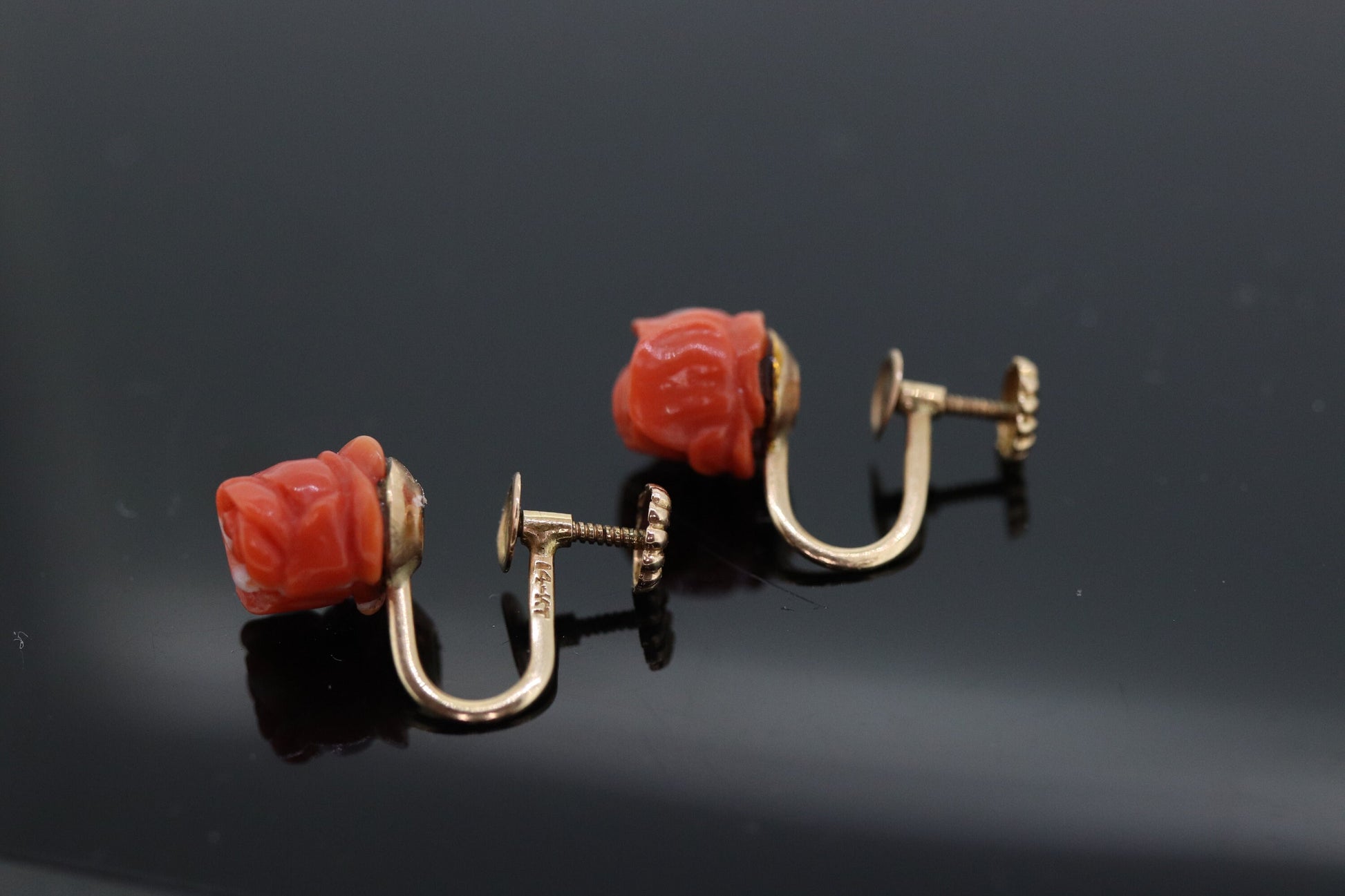 Coral Earrings. 14k Carved Coral Rose Flower Blooming Earrings. Non-Pierced Screw Clips Clip ons. Tension earrings. st(75)