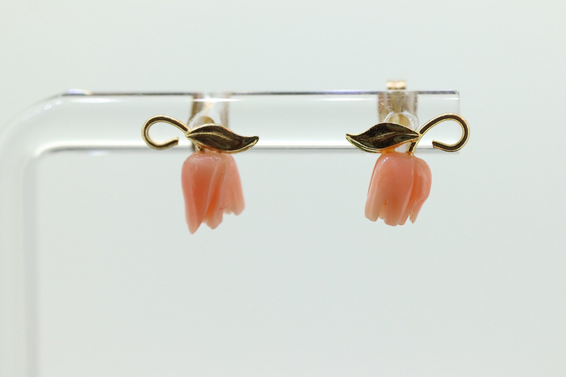 Coral Earrings. 14k Carved Coral Rose Flower Blooming Earrings. Dainty design. st(45)