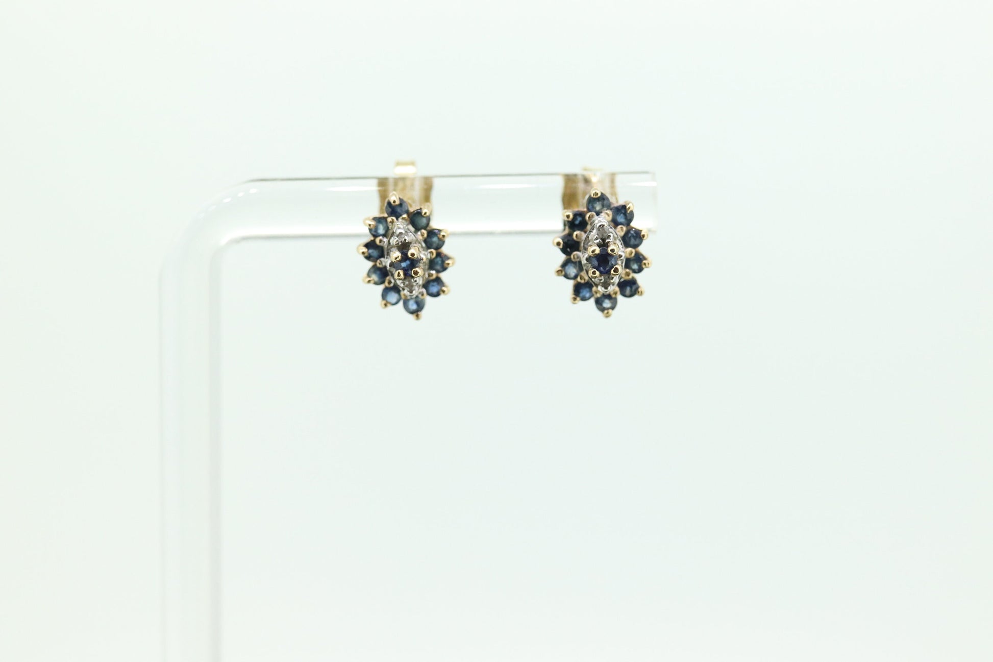 10k Sapphire and Diamond Halo Cluster Stud Earrings. Sapphire Diamond Halo Marquise Earrings. st(86)