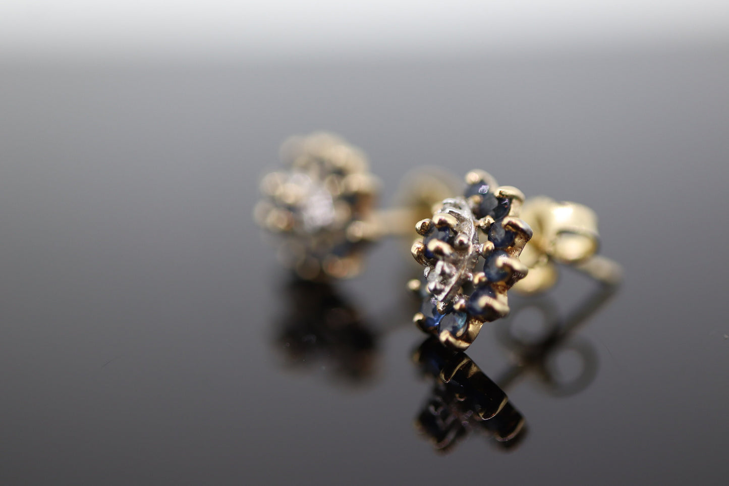 10k Sapphire and Diamond Halo Cluster Stud Earrings. Sapphire Diamond Halo Marquise Earrings. st(86)