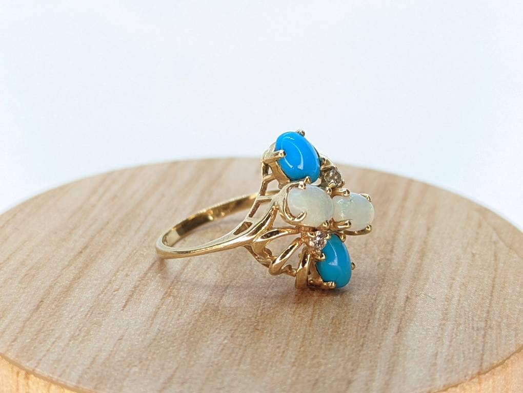 14k Bubble Turquoise Cabochon Opal diamond cluster Ring. 14k Turquoise cluster diamond bouquet Ring. st(50)