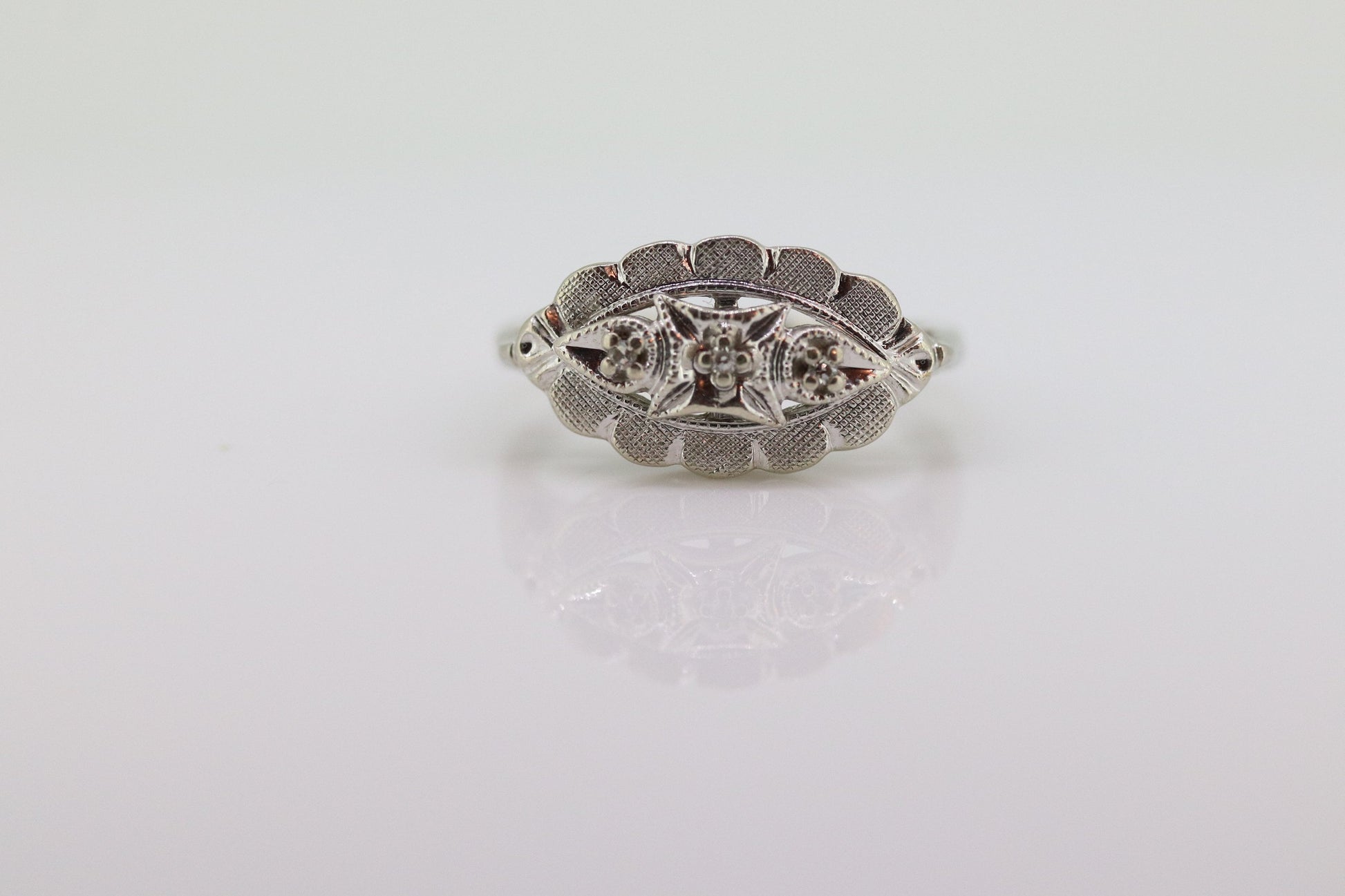 Marquise Signet Ring. Vintage 10k Tiny Diamond white Gold Signet Ring. 10k White Gold Statement Ring. st(75)