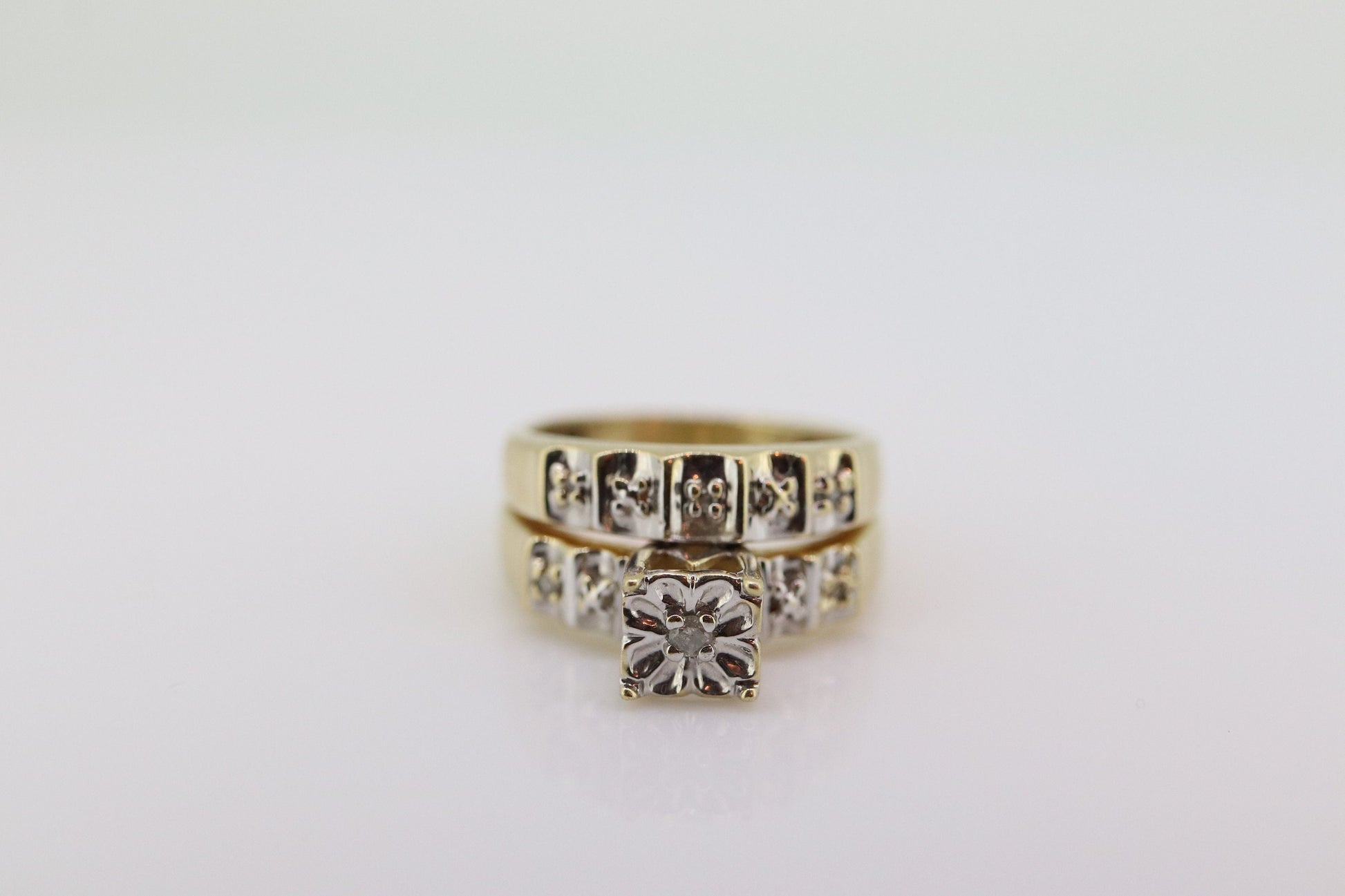 Vintage 10k Multi-Tone Diamond Wedding Ring set. Art Deco small diamond Bridal Set ring. st(207)