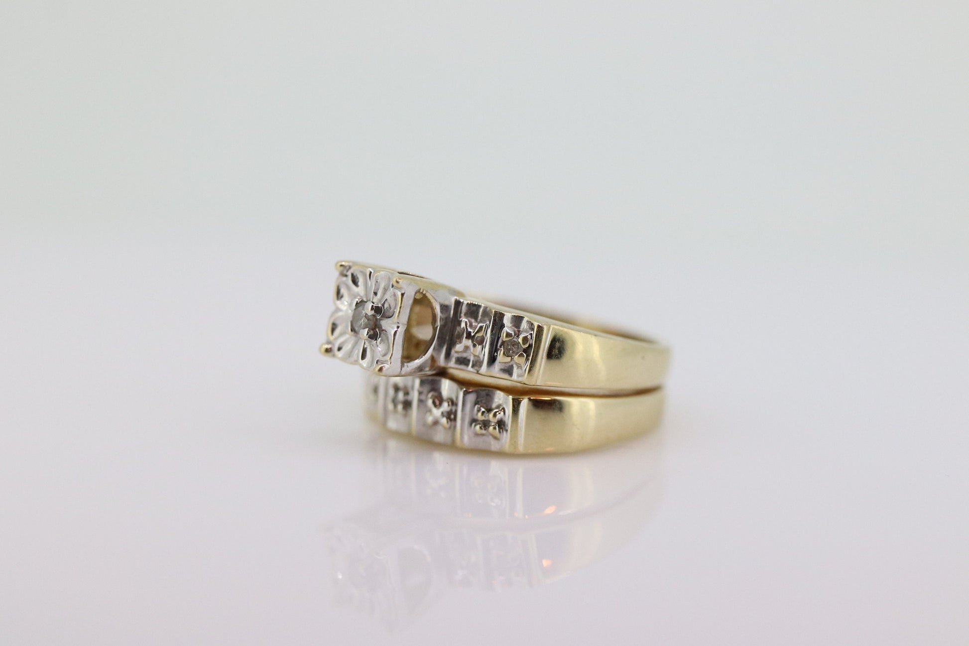 Vintage 10k Multi-Tone Diamond Wedding Ring set. Art Deco small diamond Bridal Set ring. st(207)