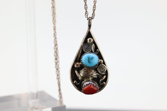 Vintage Sterling Silver Natural Turquoise and Spiny Oyster Navajo Necklace st(21)