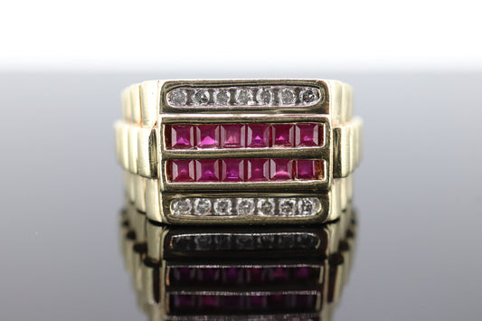 10k Ruby Diamond ring. 10k Yellow Gold RLX Rolex style Mens signet channel ruby ring. st(133)