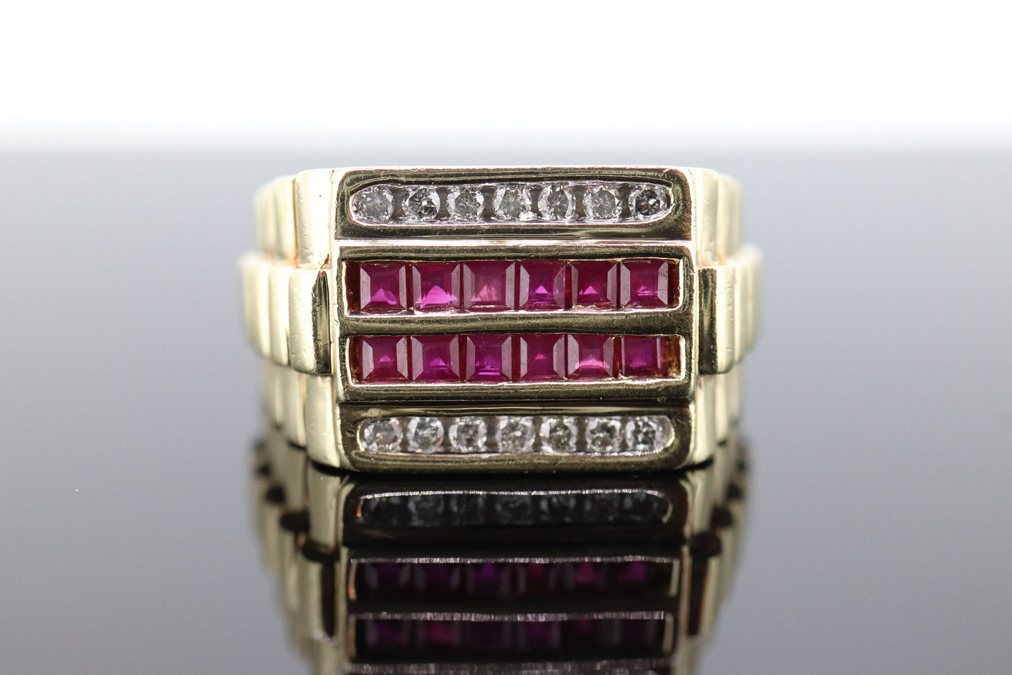 10k Ruby Diamond ring. 10k Yellow Gold RLX Rolex style Mens signet channel ruby ring. st(133)