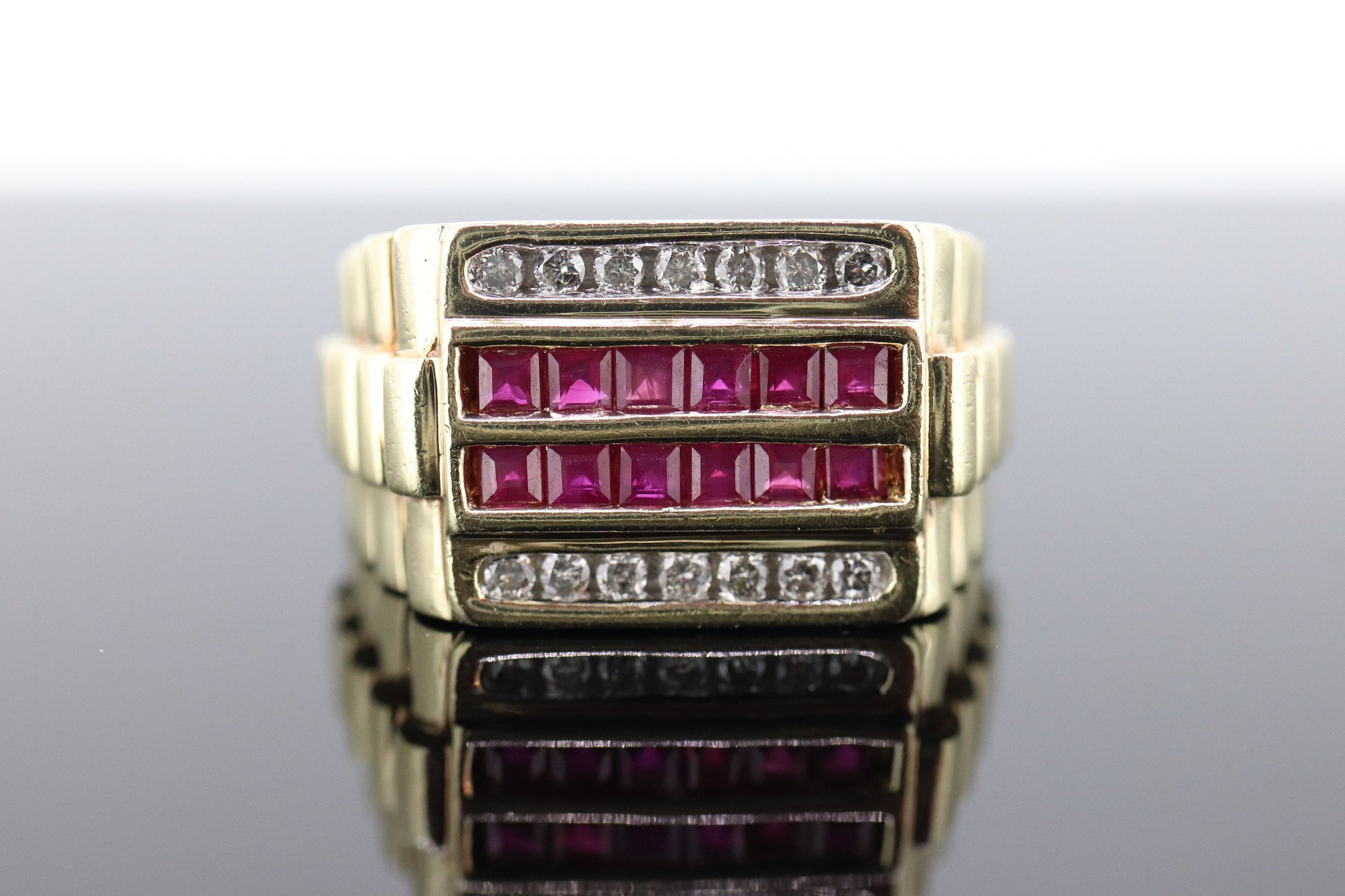 10k Ruby Diamond ring. 10k Yellow Gold RLX Rolex style Mens signet channel ruby ring. st(133)