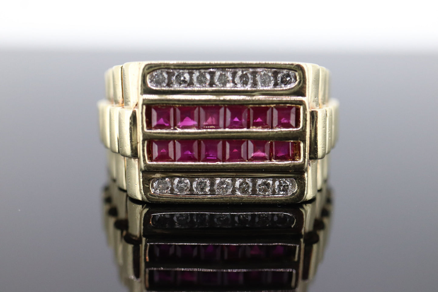 10k Ruby Diamond ring. 10k Yellow Gold RLX Rolex style Mens signet channel ruby ring. st(133)