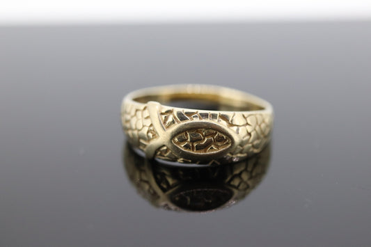 Christian FISH ichthys ichthus Textured Wide Dome 10k Yellow Gold Band. 10k Engraved and Textured ring. st(103/50)