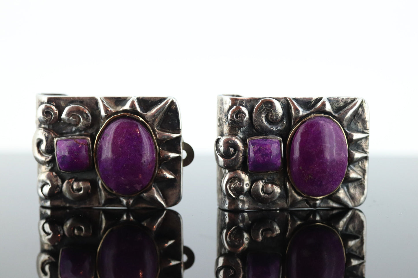 Dian Malouf Clip On EARRINGS. Purple Agate Cabochon Heavy sterling Silver and 14k Gold Modernist Earrings DLM Collection (st122)