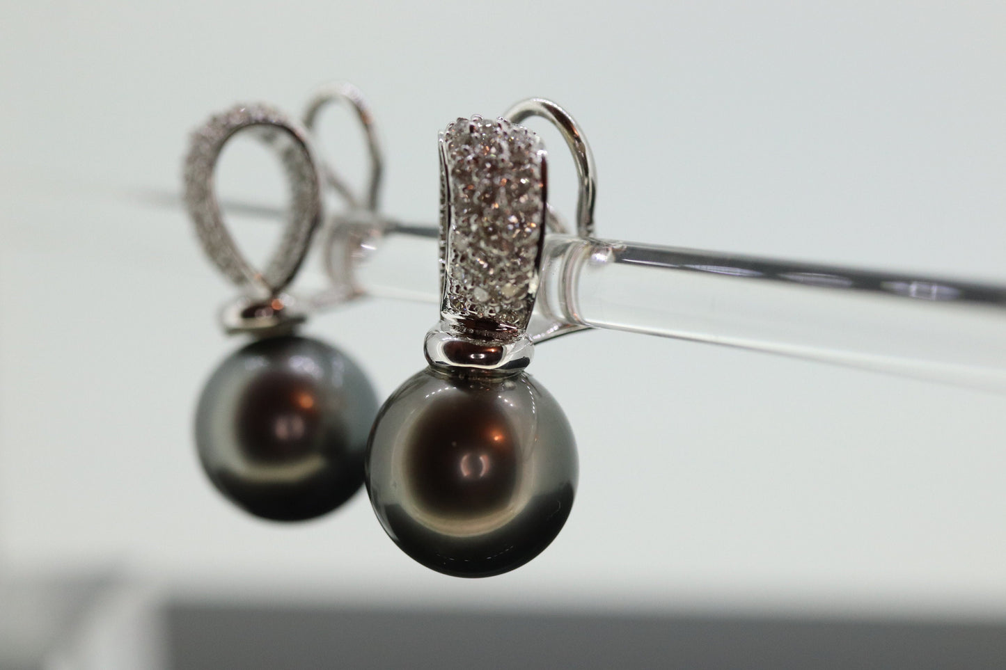 Tahitian Pearl Earrings. 18k Large Black TAHITIAN Pearls With In and Out Pave Diamond Non pierced Clip on earrings. - st(732)