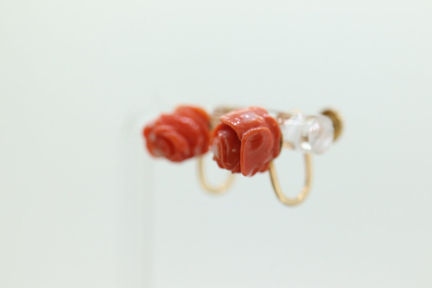 Coral Earrings. 14k Carved Coral Rose Flower Blooming Earrings. Non-Pierced Screw Clips Clip ons. Tension earrings. st(75)