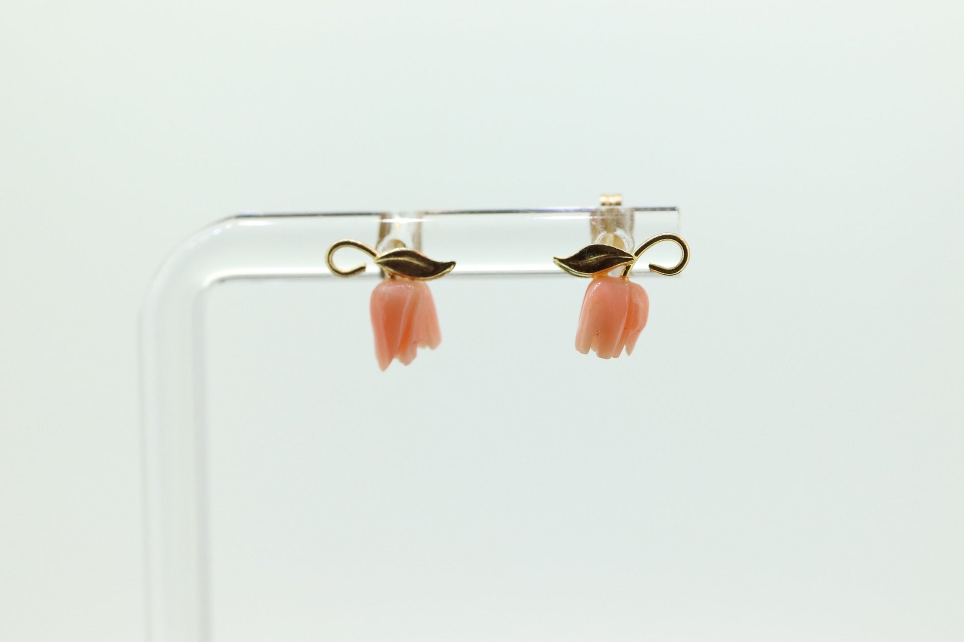 Coral Earrings. 14k Carved Coral Rose Flower Blooming Earrings. Dainty design. st(45)