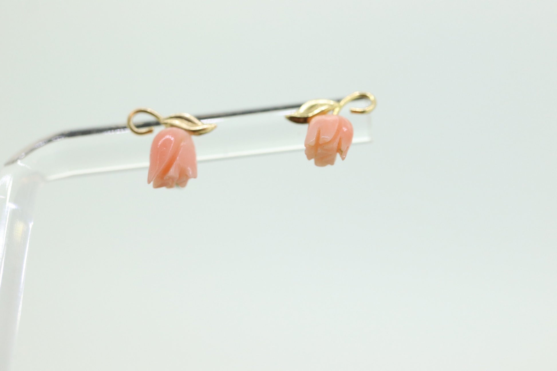 Coral Earrings. 14k Carved Coral Rose Flower Blooming Earrings. Dainty design. st(45)