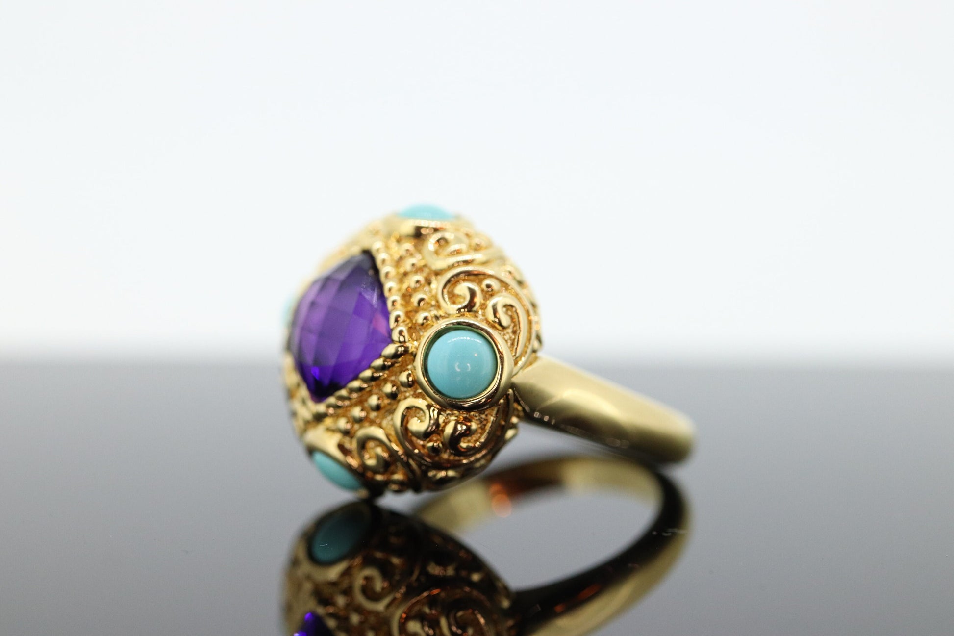 14k Bubble Turquoise and Amethyst stone Ring. 14k Turquoise Amethyst Candy Cocktail Ring st(295)