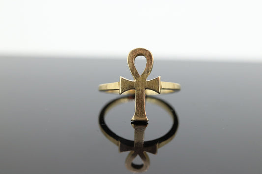 14k ANKH RING. Egyptian Cross Ring 14k Textured Yellow Gold. st(84)