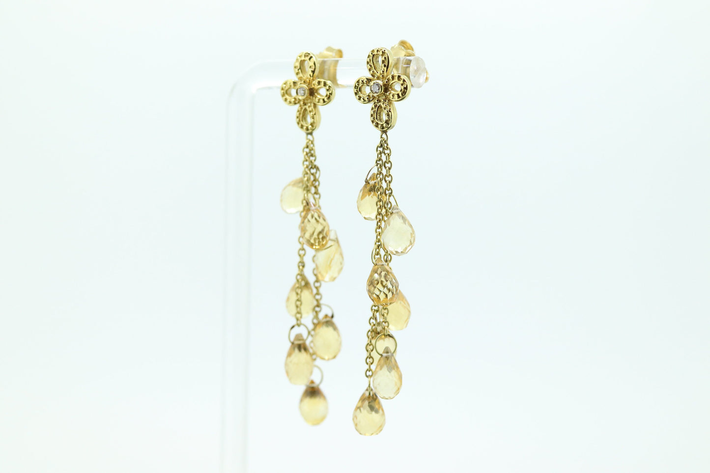 18k Citrine Diamond Dangle Earrings. 18k Diamond Flower mult-gem dangle drop earrings. TEAR Gem strand st(219)