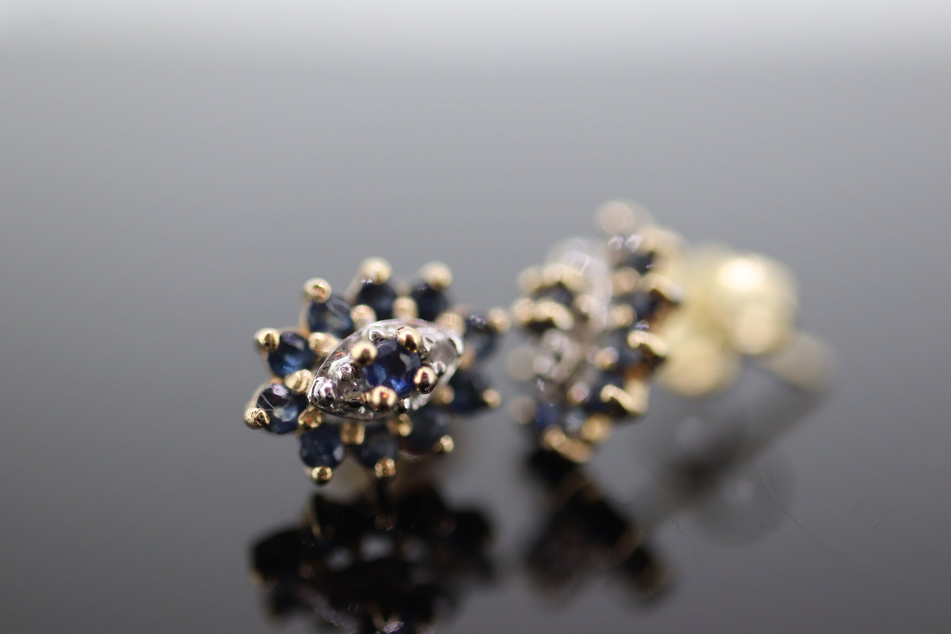 10k Sapphire and Diamond Halo Cluster Stud Earrings. Sapphire Diamond Halo Marquise Earrings. st(86)