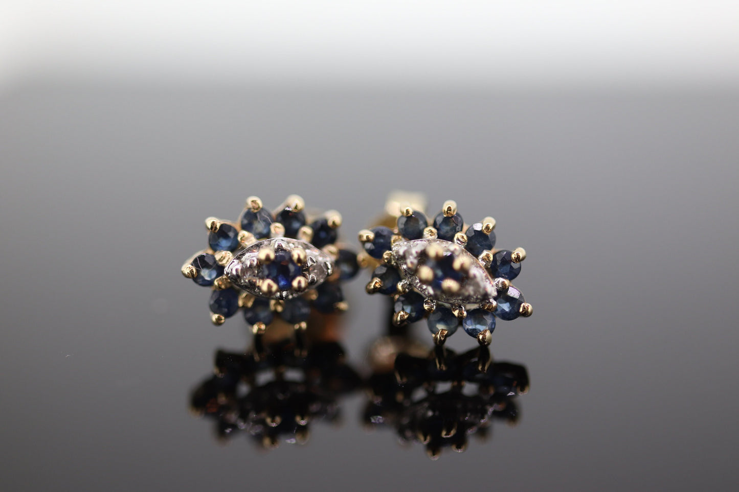 10k Sapphire and Diamond Halo Cluster Stud Earrings. Sapphire Diamond Halo Marquise Earrings. st(86)