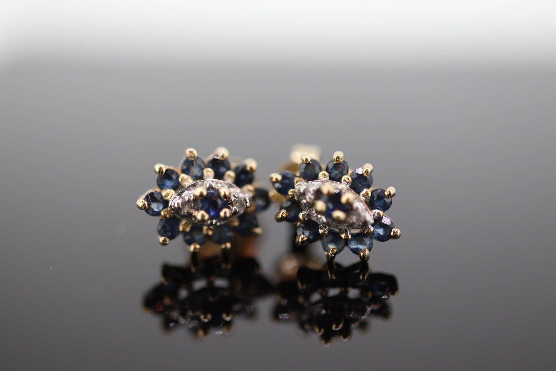 10k Sapphire and Diamond Halo Cluster Stud Earrings. Sapphire Diamond Halo Marquise Earrings. st(86)