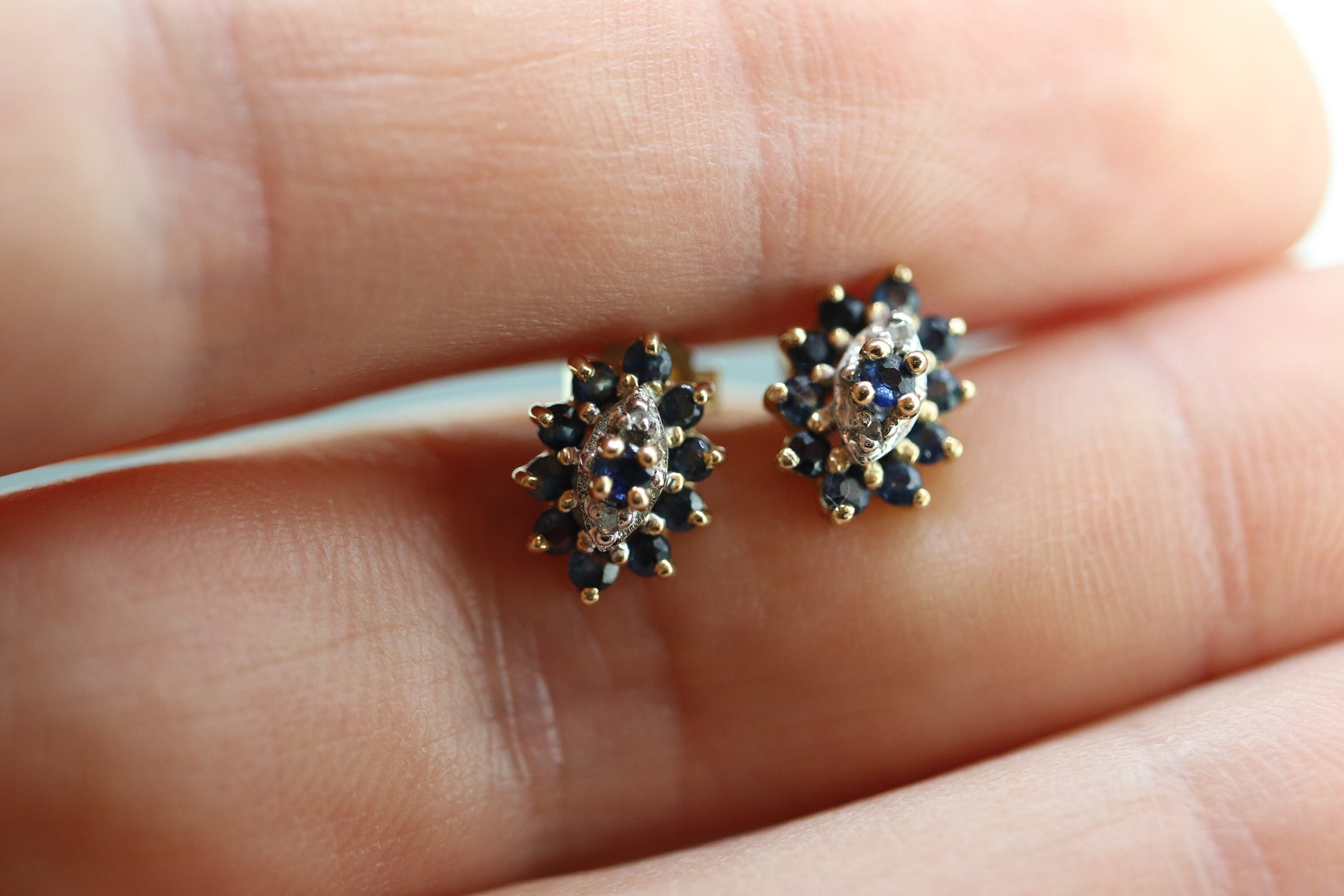 10k Sapphire and Diamond Halo Cluster Stud Earrings. Sapphire Diamond Halo Marquise Earrings. st(86)