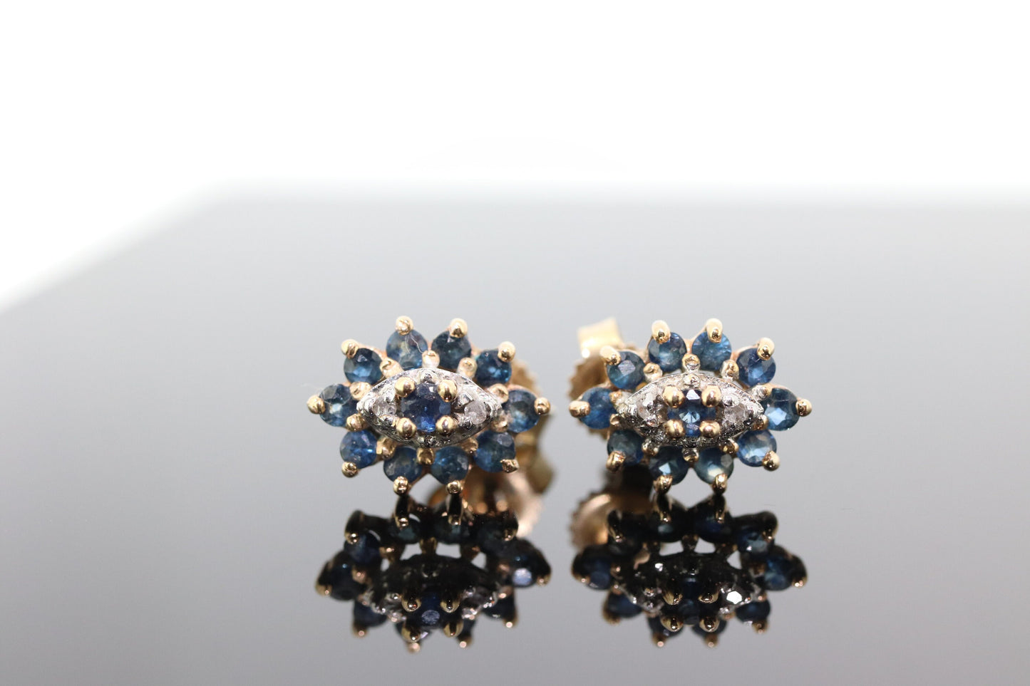 10k Sapphire and Diamond Halo Cluster Stud Earrings. Sapphire Diamond Halo Marquise Earrings. st(86)