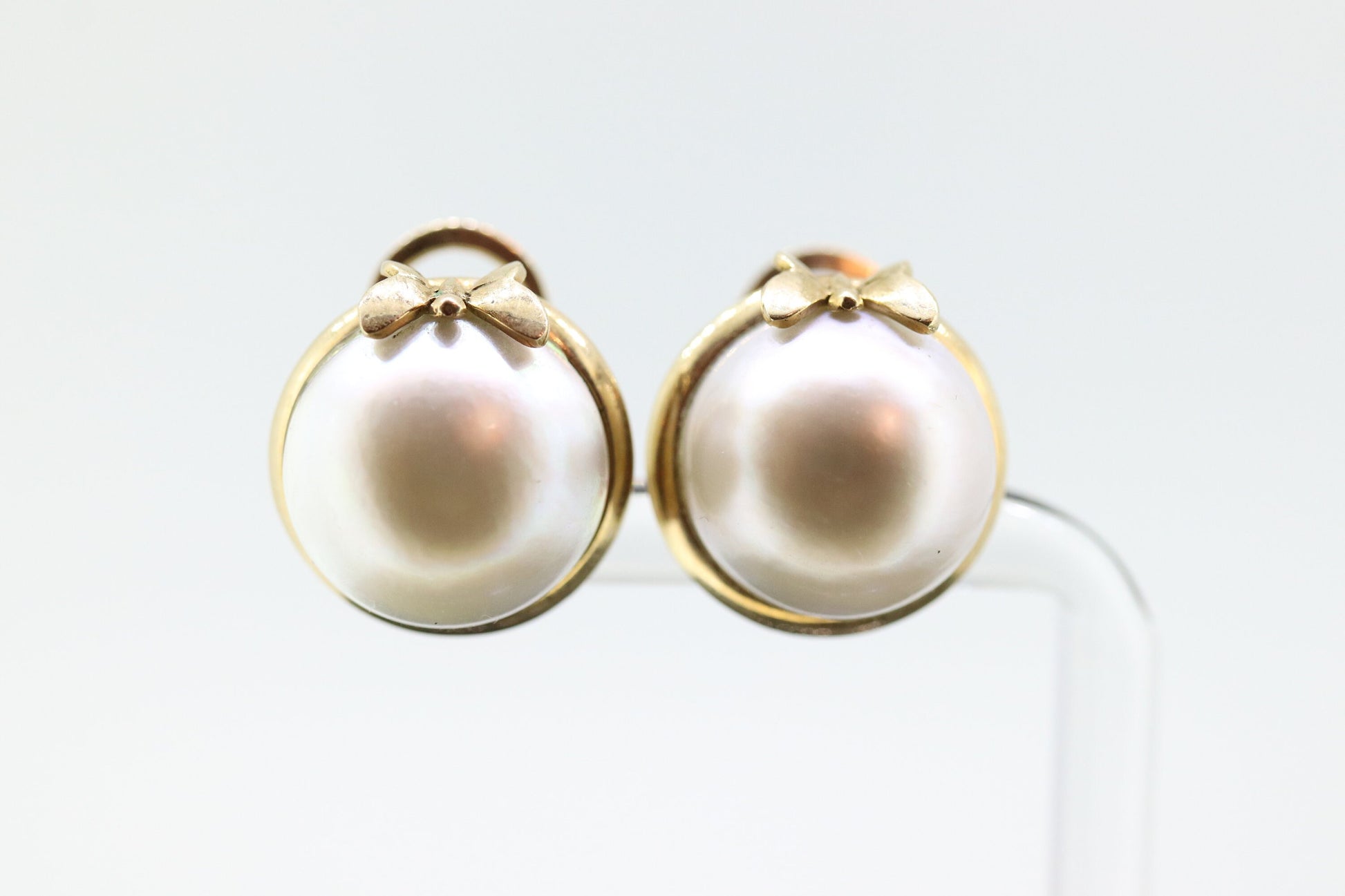 14k Large MABE Pearl Clip On earrings. Non Pierced Omega Back Clips Mabe Pearl Earrings st(144)